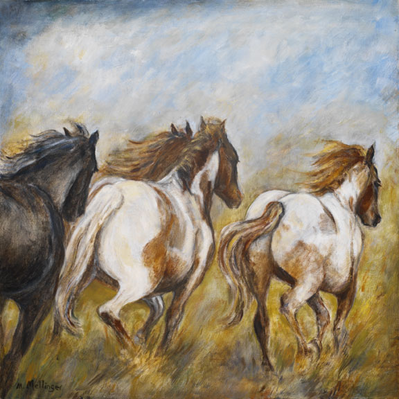 Pintos Running, 24" x 24", oil on canvas