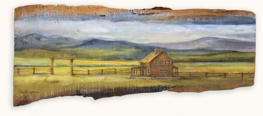 House on Prairie - 8 x 22, oil on reclaimed wood