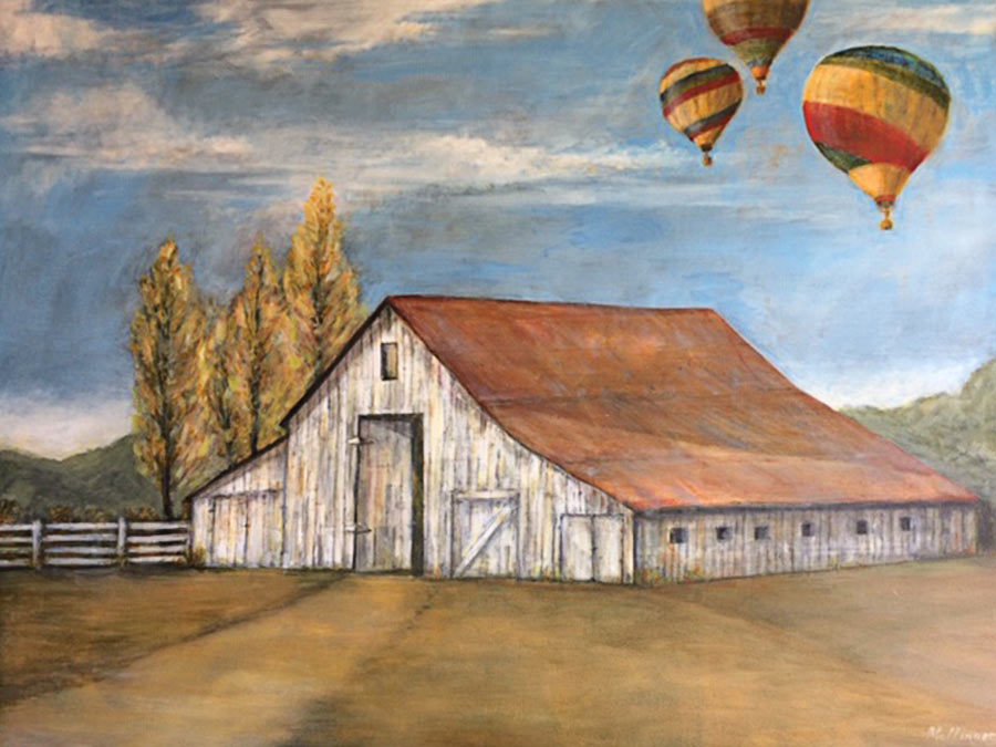 Barn with balloons, oil on canvas, 48